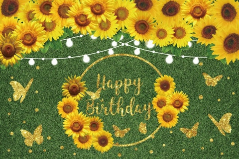 sunflowers, golden butterflies, green grass happy birthday