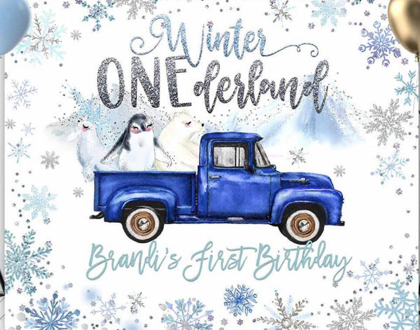 Winter Onederland,ONEderland, Blue Truck, winter backdrop, winter banner, truck backdrop, Woodland backdrop, Winter Onederland, Snowflake 5ft