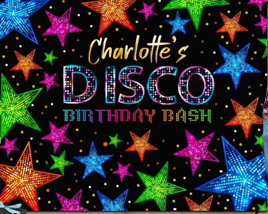 Disco backdrop, disco banner, disco party, neon backdrop, neon banner, boogie backdrop, mirror ball 5ft