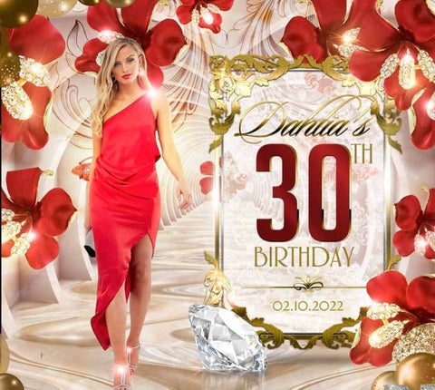 Red flowers birthday Red  backdrop premium luxury backdrop , 30th 40th 50th 60th  for Lady 5ft