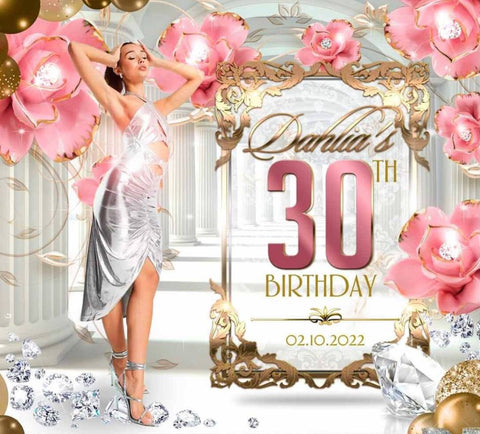 Pink flowers birthday backdrop premium luxury 30th 40th 50th 60th   for Lady 5ft