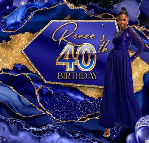 Royal blue gold  birthday marble backdrop premium luxury backdrop , 30th 40th 50th 60th 5ft