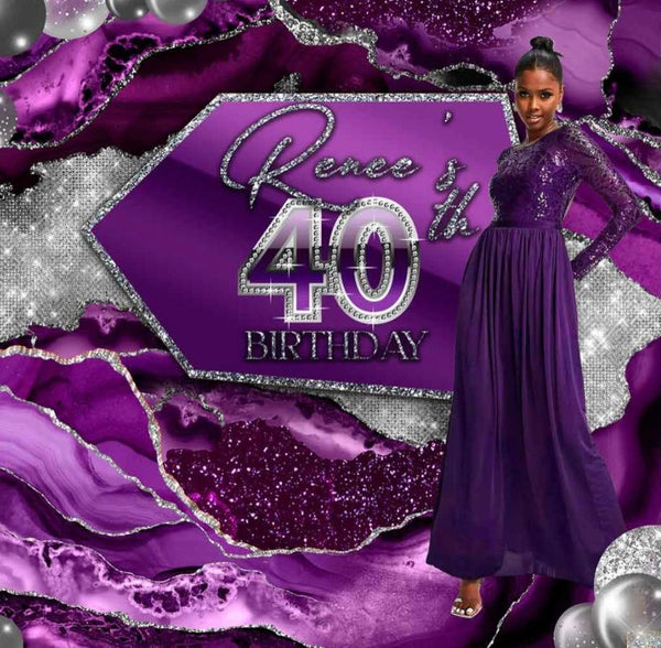 Purple silver birthday marble backdrop premium luxury backdrop , 30th 40th 50th 60th 5ft