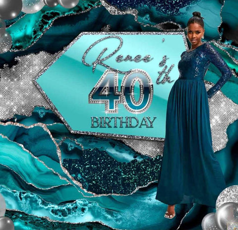 Teal  silver birthday marble backdrop premium luxury backdrop , 30th 40th 50th 60th 5ft